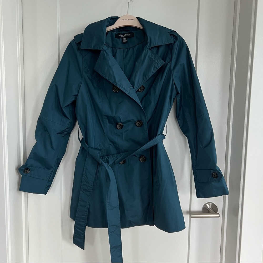 Liverpool Jean Company Teal Trench Coat with Detachable Hood.